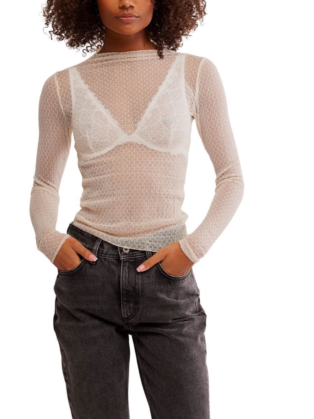 Free People Minding My Business Sheer Textured Long Sleeve Top White XS NWOT
